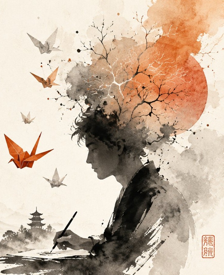 Ink-wash illustration of a figure writing by hand as origami cranes, a tree of branching neurons, and a red sun rise from the mind.